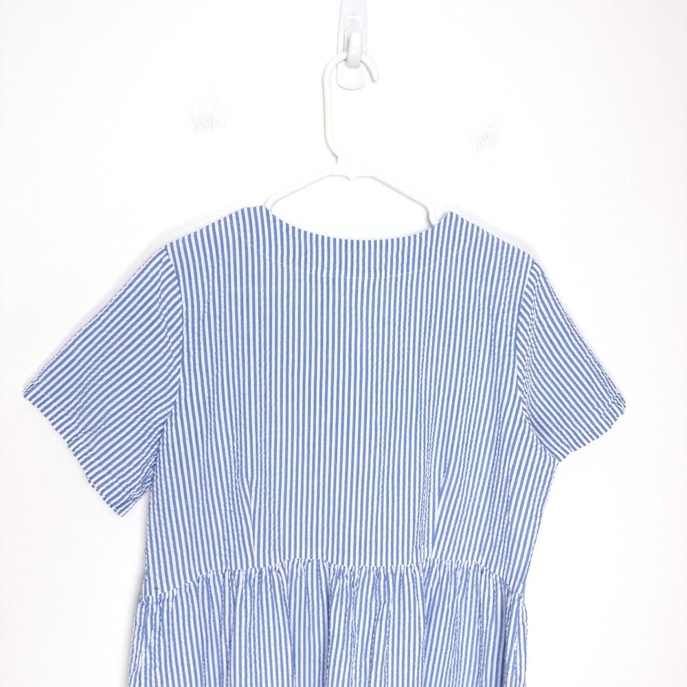 Vermont Country Store Cotton Seersucker Dress Blue White Stripe Button Front L - Picture 7 of 10